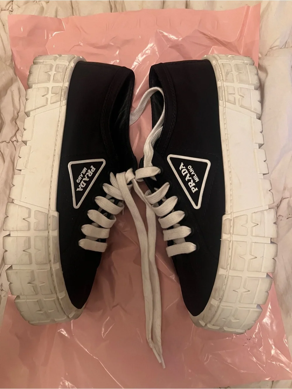 PRADA Double Wheel Re-Nylon Gabardine Sneakers -Black/White